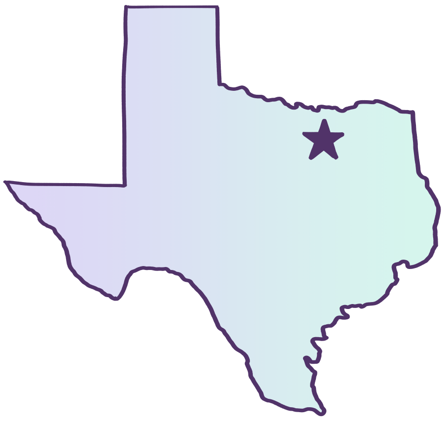 Map of Texas with the city of Coppell marked